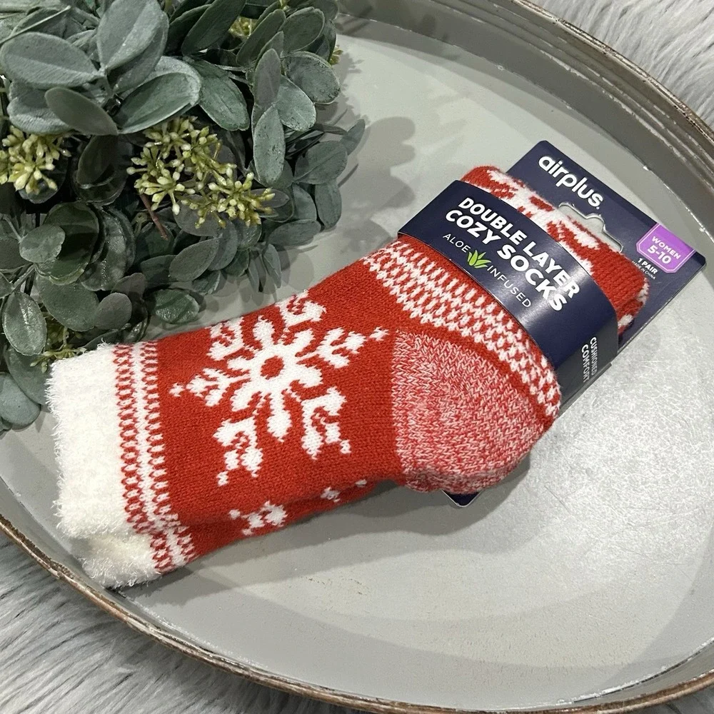 Red Chrismas Socks Women's Airplus Cozy Double Layer Infused w Aloe Fuzzy Winter